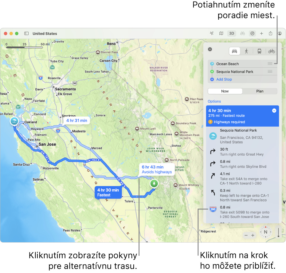 Mapa z oblasti San Francisca s navigáciou pre jazdu autom medzi dvomi lokalitami. Na mape sú tiež zobrazené alternatívne trasy.