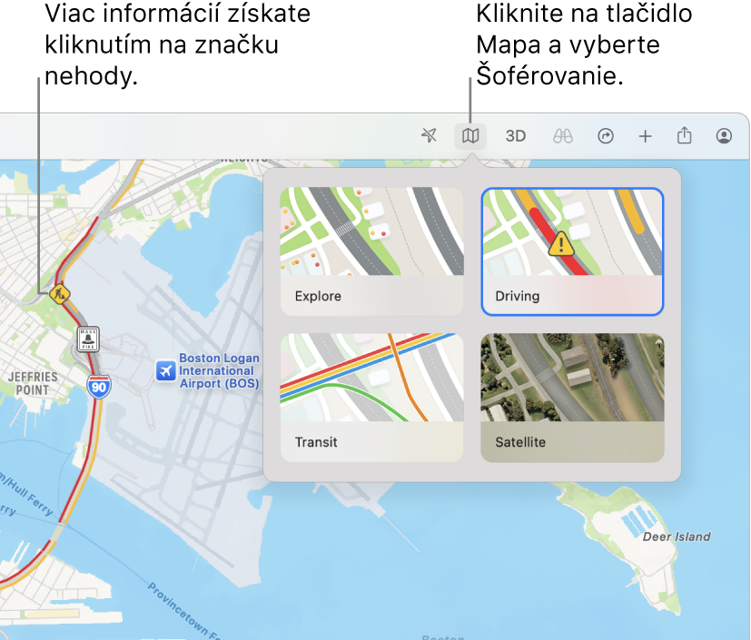 Mapa San Francisca so zobrazenými možnosťami mapy, s označenou mapou Autom a s problémami v premávke označenými na mape.