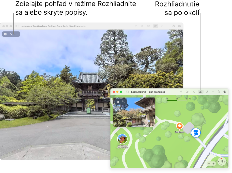 Interaktívne 360-stupňové zobrazenie miestnej atrakcie v San Franciscu s 3D mapou v pravom dolnom rohu.