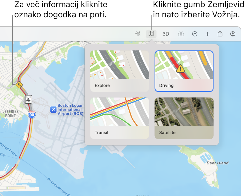 Zemljevid San Francisca s prikazanimi možnostmi zemljevida, izbranim zemljevidom Vožnja in prometnimi dogodki na zemljevidu.