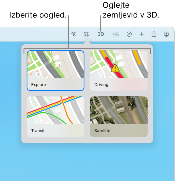 Uporabnik je kliknil gumb Zemljevid v orodni vrstici, na voljo pa so štirje pogledi zemljevida: Raziskovanje, Vožnja, Javni prevoz in Satelit.