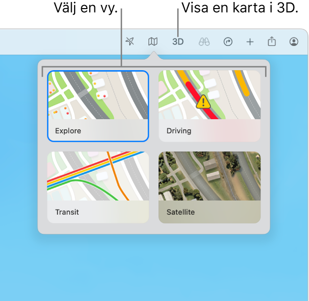 Kartknappen har klickats på i verktygsfältet och fyra mappvyer finns tillgängliga: Utforska, Bil, Kollektivt och Satellit.