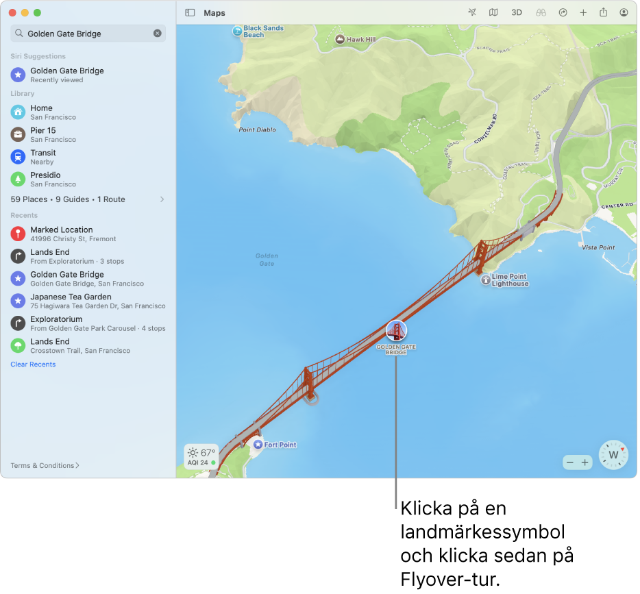 Platser märkta med cirkelsymboler har ofta Flyover-turer.