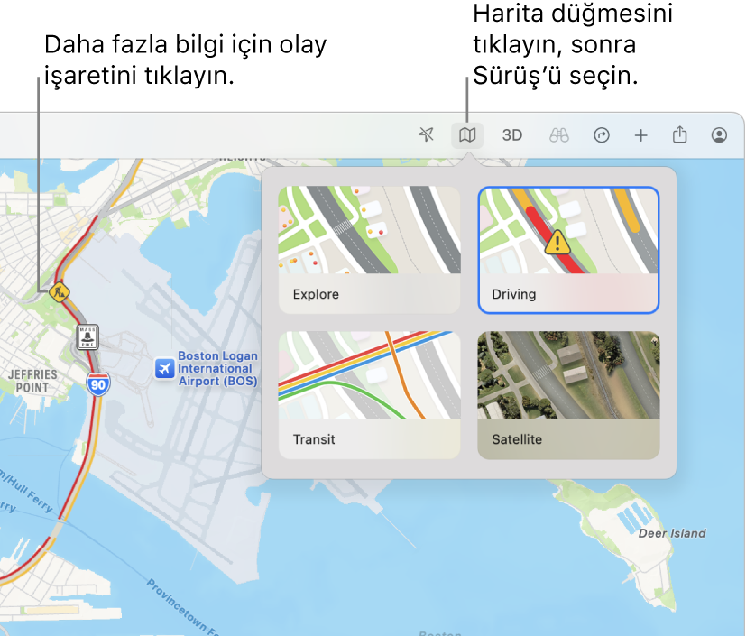 Bir San Francisco haritasında harita seçenekleri görüntüleniyor, Sürüş haritası seçili ve haritada trafik kazaları var.