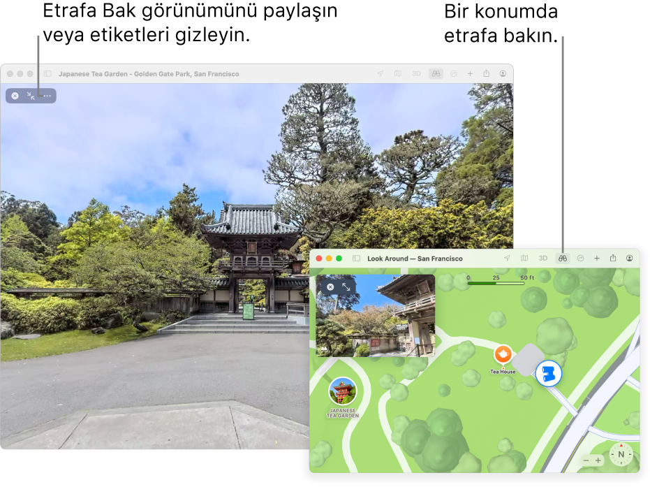 San Francisco’da gezilip görülecek bir yerin etkileşimli 360 derecelik görünümü; sağ alt köşede 3B bir harita var.
