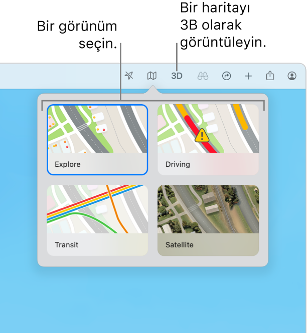 Araç çubuğunda Harita düğmesi tıklanıyor ve dört harita görüntüsü var: Keşfet, Sürüş, Toplu Taşıma ve Uydu.