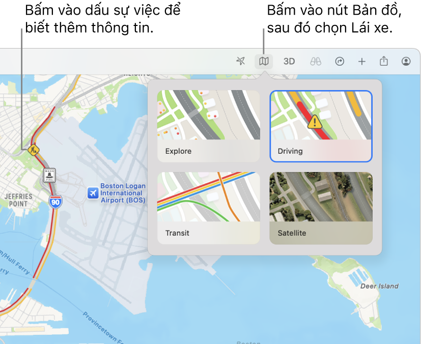 Một bản đồ San Francisco với các tùy chọn bản đồ được hiển thị, bản đồ Lái xe được chọn và các vấn đề giao thông trên bản đồ.