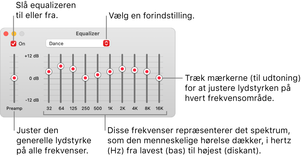 Equalizer-vinduet: Afkrydsningsfeltet, der bruges til at slå Musik-equalizeren til, er anbragt i øverste venstre hjørne. Ved siden af findes lokalmenuen med forindstillinger til equalizeren. Yderst til venstre kan du justere den generelle lydstyrke med forforstærkeren. Under forindstillingerne til equalizeren kan du justere lydniveauet på de forskellige frekvensområder, der repræsenterer det spektrum fra det laveste til det højeste, som det menneskelige øre kan opfatte.