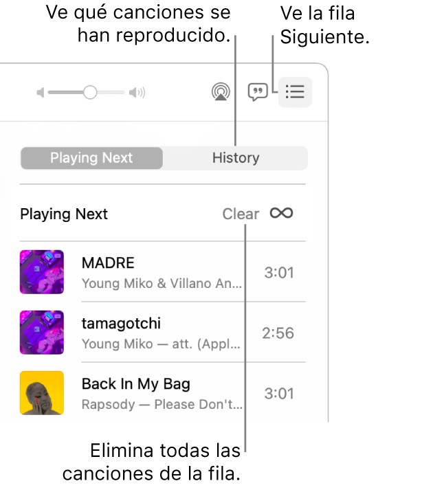El botón Siguiente de la esquina superior derecha de Apple Music está seleccionado y la fila está visible. Haz clic en el enlace Historial para mostrar las canciones reproducidas anteriormente. Haz clic en el enlace Borrar para eliminar todas las canciones de la fila.