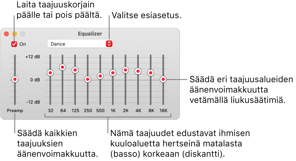 Taajuuskorjain-ikkuna: Valintaneliö, jolla Musiikki-apin taajuuskorjain kytketään päälle, sijaitsee vasemmassa yläkulmassa. Taajuuskorjaimen esiasetukset ovat viereisessä ponnahdusvalikossa. Vasemman laidan esivahvistuksella voi säätää taajuuksien kokonaisäänenvoimakkuutta. Taajuuskorjaimen esiasetusten alla voi säätää eri taajuusalueiden äänenvoimakkuutta; taajuusalueet edustavat ihmisen kuulon taajuuksia matalimmasta korkeimpaan.