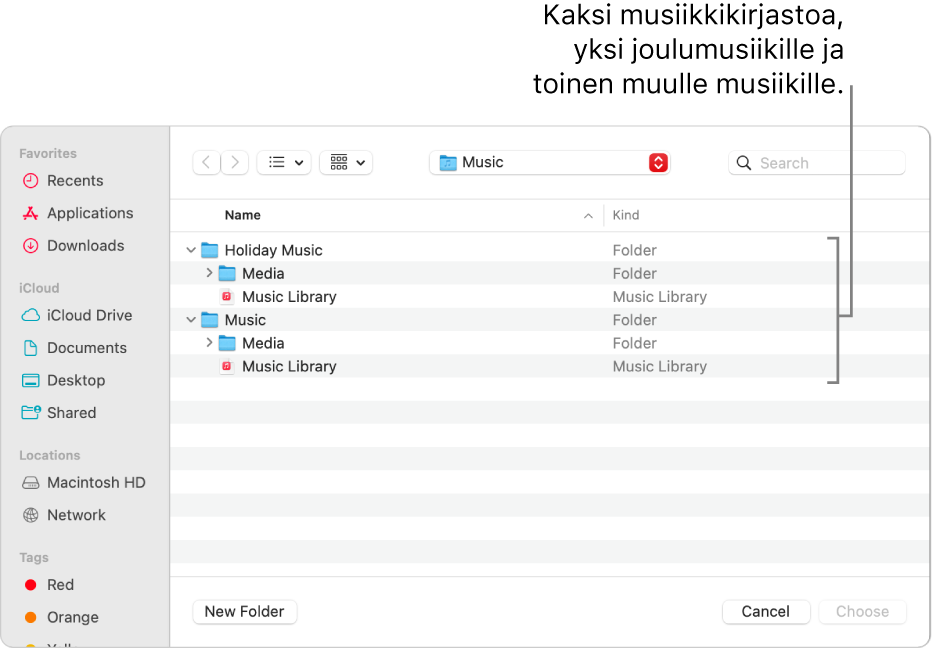 Finder-ikkuna, jossa näkyy useampi kirjasto: yksi joulumusiikille ja toinen kaikelle muulle musiikille.
