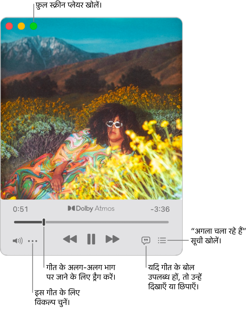चलाए जा रहे गीत के लिए नियंत्रण दर्शाने वाला विस्तारित MiniPlayer। शीर्ष-बाएँ कोने में विंडो नियंत्रण हैं जिनका उपयोग फ़ुल स्क्रीन प्लेयर को खोलने और बंद करने में किया जाता है। विंडो का मुख्य भाग उस गीत का ऐल्बम आर्टवर्क प्रदर्शित करता है जो चल रहा है। आर्टवर्क के नीचे गीत के अलग भाग पर मूव करने के लिए एक स्लाइडर है और वॉल्यूम को ऐडजस्ट करने, गीत के बोल प्रदर्शित करने और अगला गीत कौन-सा है, यह दिखाने के लिए बटन हैं।