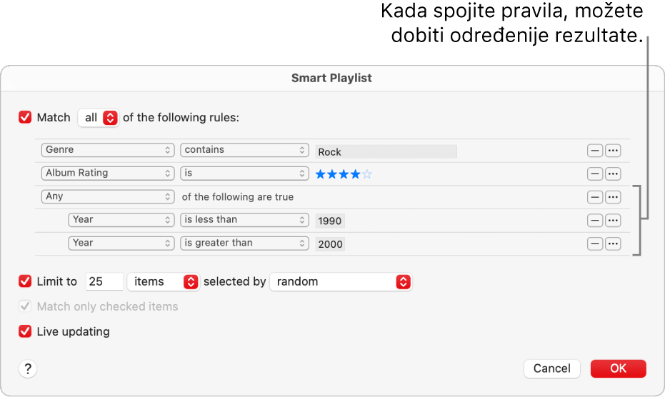 Dijaloški okvir Smart reprodukcijske liste: Tipkom Grupira s desne strane izrađujte dodatna, grupirana pravila za preciznije rezultate.