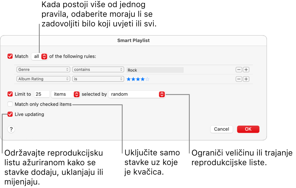 Dijaloški okvir Smart reprodukcijske liste: U gornjem lijevom kutu odaberite Uskladi, zatim odredite kriterije za reprodukcijsku listu (kao što su žanr ili ocjena). Nastavite dodavati ili uklanjati pravila klikom tipke Dodaj ili Ukloni u gornjem desnom kutu. Odaberite različite opcije u donjem dijelu dijaloškog okvira poput ograničavanja veličine ili trajanja popisa za reprodukciju, uključujući samo pjesme koje su označene ili da Glazba ažurira popis za reprodukciju u skladu s promjenom stavki u vašoj medijateci.