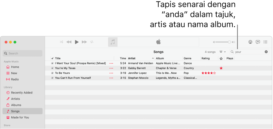 Tetingkap Apple Music menunjukkan senarai lagu yang kelihatan apabila “anda” dimasukkan dalam medan penapis di penjuru kanan atas. Lagu dalam senarai termasuk perkataan “anda” dalam tajuk, artis atau nama albumnya.