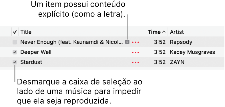 Detalhe da lista de músicas no app Música mostrando as caixas de seleção e um símbolo de explícito na primeira música (que indica que a música possui conteúdo explícito, como a letra). Desmarque a seleção ao lado de uma música para impedir que seja reproduzida.