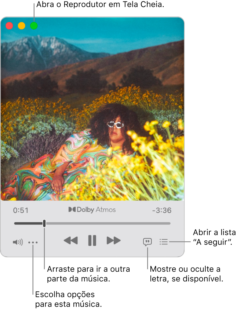 Minirreprodutor expandido exibindo os controles da música em reprodução. No canto superior esquerdo estão os controles da janela usados para abrir e fechar o Reprodutor em Tela Cheia. A parte principal da janela mostra a capa do álbum da música em reprodução. Abaixo da capa está um controle deslizante para ir para uma parte diferente da música e os botões para ajustar o volume, mostrar a letra e mostrar o que será reproduzido a seguir.