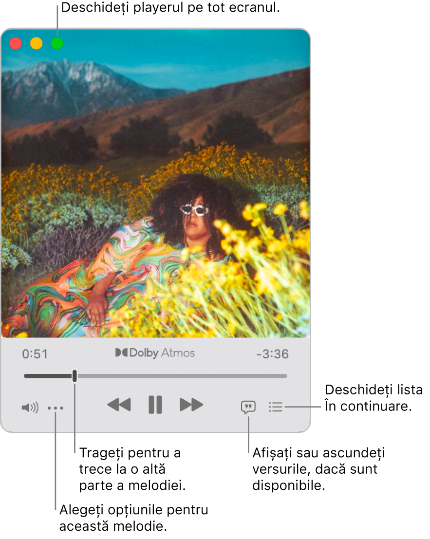 Mini-playerul extins, prezentând comenzile pentru melodia în curs de redare. În colțul din stânga sus se află comenzile ferestrei, utilizate pentru a deschide și a închide playerul pe tot ecranul. Partea principală a ferestrei afișează ilustrația albumelor pentru melodia care este în curs de redare. Sub ilustrație se află un glisor pentru a trece la o altă parte a melodiei și butoane pentru a ajusta volumul, a afișa versurile și a afișa articolele care vor fi redate în continuare.