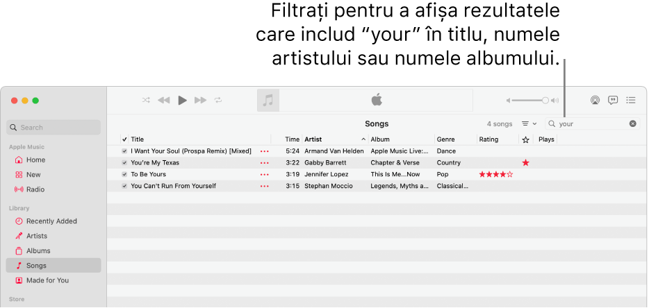 Fereastra aplicației Muzică afișând lista de melodii care apar când “your” este introdus în câmpul de filtrare din colțul din dreapta sus. Melodiile din listă includ cuvântul “your” în titlu, în numele artistului sau al albumului.