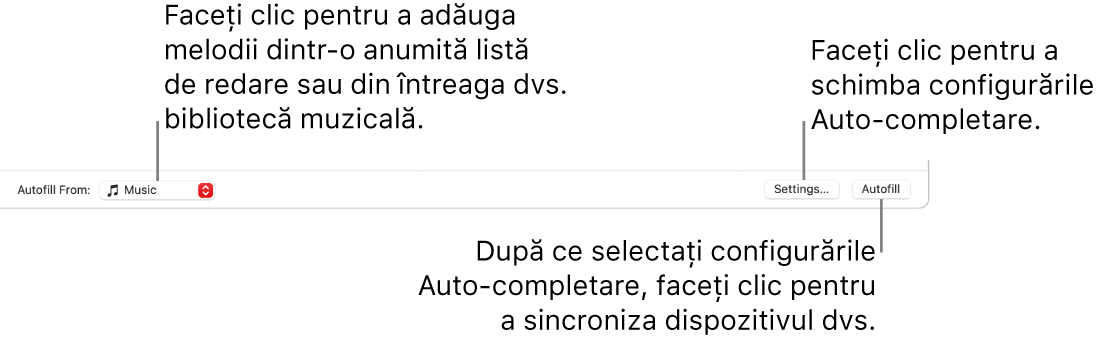 Opțiunile Auto-completare în partea de jos a ferestrei Muzică. În partea stângă extremă se află meniul pop-up Auto-completare, de unde puteți alege să adăugați melodii dintr-o listă de redare sau din întreaga dvs. bibliotecă. În partea dreaptă extremă se află două butoane – Configurări, pentru a schimba diverse opțiuni de Auto-completare, și Auto-completare. Când faceți clic pe Auto-completare, dispozitivul dvs. se completează cu melodiile care corespund criteriilor.