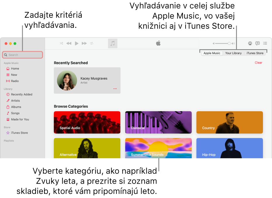 Okno Apple Music zobrazujúce vyhľadávacie pole v ľavom hornom rohu, zoznam kategórií v strede okna a sekcie Apple Music, Vaša knižnica a iTunes Store v pravom hornom rohu. Do vyhľadávacieho poľa zadajte kritériá vyhľadávania a potom vyberte, či chcete vyhľadávať v celej službe Apple Music, iba vo vašej knižnici alebo v obchode iTunes Store.