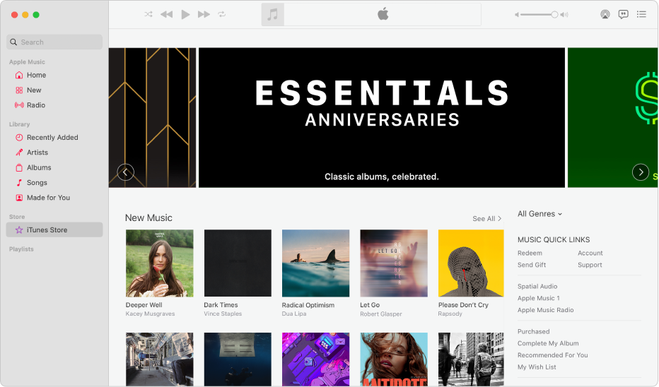 Huvudfönstret i iTunes Store: iTunes Store är markerat i sidofältet.