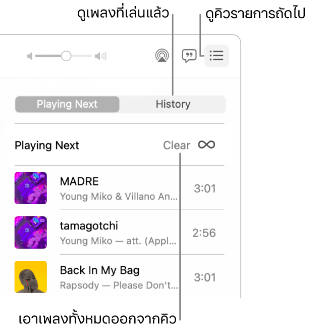 ปุ่มรายการถัดไปที่มุมขวาบนสุดของ Apple Music ถูกเลือกอยู่ และคิวก็แสดงให้เห็น คลิกลิงก์ประวัติเพื่อแสดงเพลงที่เล่นก่อนหน้านี้ คลิกลิงก์ล้างเพื่อเอาเพลงทั้งหมดออกจากคิว