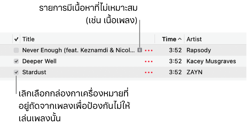 รายละเอียดของรายการเพลงในแอปเพลงที่แสดงกล่องกาเครื่องหมายและสัญลักษณ์ไม่เหมาะสมสำหรับเพลงแรก (ซึ่งระบุว่าเพลงมีเนื้อหาที่ไม่เหมาะสม เช่น เนื้อเพลง) เลิกเลือกกล่องกาเครื่องหมายถัดจากเพลงเพื่อป้องกันไม่ให้เล่นเพลงนั้น