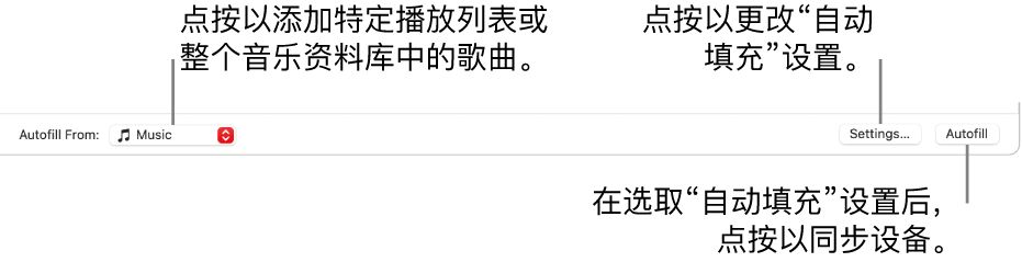 “音乐”窗口底部的“自动填充”选项。最左侧是“自动填充自”弹出式菜单，从中你可以选取是从某个播放列表添加歌曲或者是从整个资料库添加歌曲。最右侧是两个按钮：用于更改多个“自动填充”选项的“设置”，以及“自动填充”。点按“自动填充”后，将使用符合条件的歌曲填充你的设备。