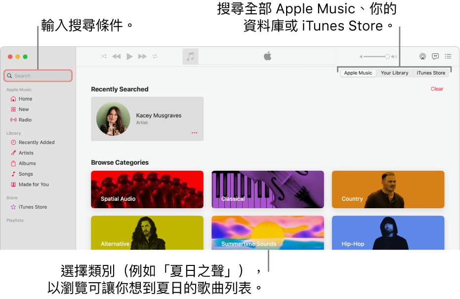 Apple Music 視窗的左上角顯示搜尋欄位,類別列表位於視窗的中間,而 Apple Music、「你的資料庫」和 iTunes Store 則可在右上角取用。 在搜尋欄位中輸入搜尋條件,然後選擇來在整個 Apple Music、只在你的資料庫或在 iTunes Store 中搜尋。