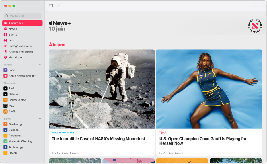 La fenêtre d’Apple News qui affiche la barre latérale sur la gauche et « À la une » sur la droite.