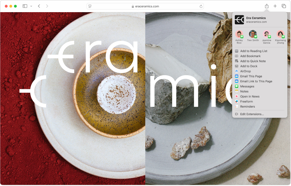 En una finestra del Safari es veu una pàgina web amb el menú “Comparteix” obert amb diverses opcions per compartir‑la, inclosa l’opció “Afegeix a una nota ràpida”.