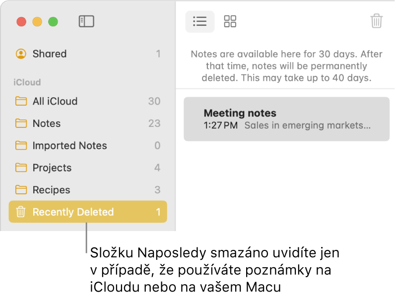 Okno Poznámky se složkou Nedávno smazané na bočním panelu a nedávno smazaná poznámka. Složka Nedávno smazané se zobrazí pouze v případě, že používáte poznámky na iCloudu nebo poznámky na Macu.