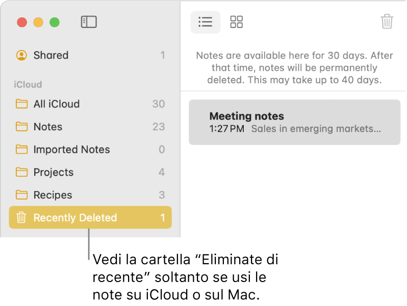 La finestra di Note con la cartella Eliminate visualizzata nella barra laterale che contiene una nota eliminata da poco. Puoi visualizzare la cartella Eliminate soltanto se utilizzi le note di iCloud o le note sul Mac.