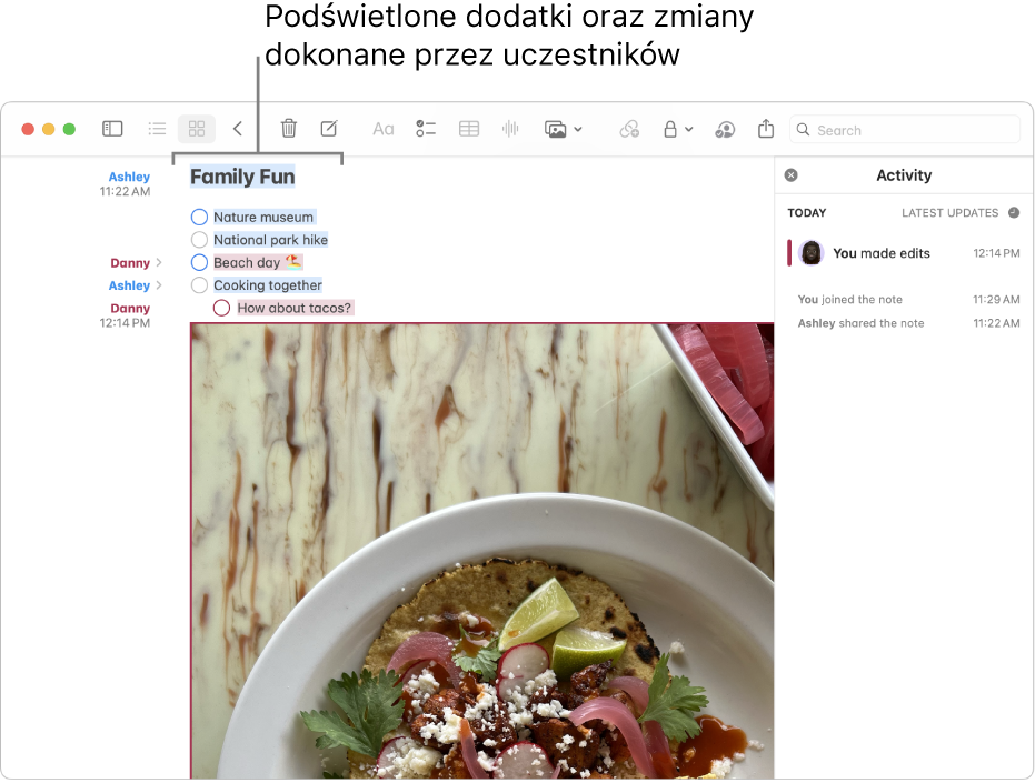 Notatka z listą kontrolną zawierającą listę zajęć rodzinnych. Zmiany wprowadzone przez innego uczestnika są wyróżnione.