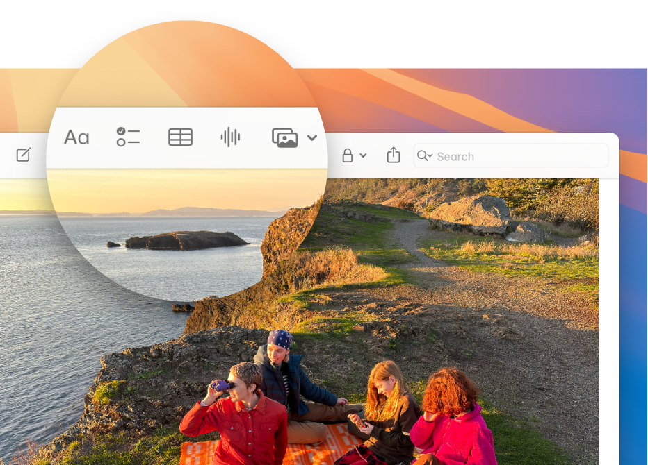 Mac 上的“备忘录” App 窗口显示“备忘录”工具栏的特写,重点突出“格式化文本”、“制作核对清单”、“添加表格”、“录制音频”和“添加媒体”按钮。
