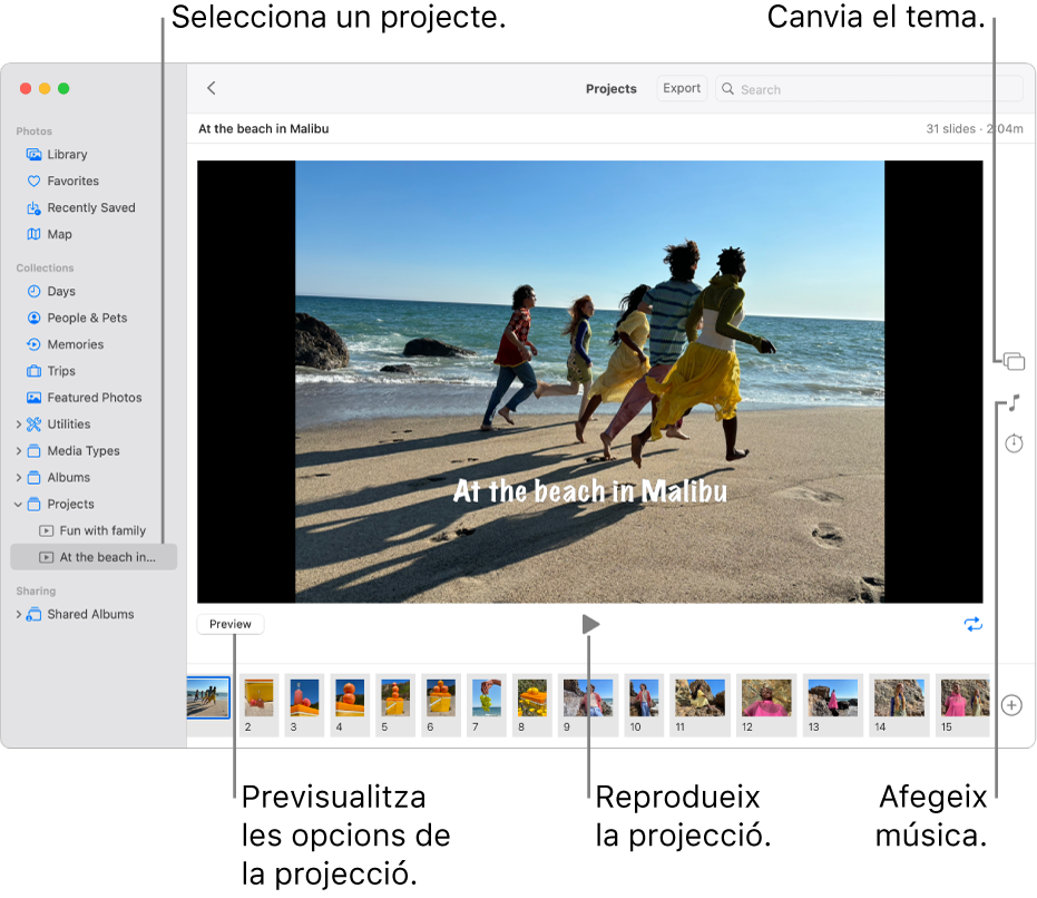 Finestra de l’app Fotos que mostra una projecció a la part principal de la finestra, amb els botons Previsualitzar, Reproduir i Bucle sota la imatge principal de la projecció, miniatures de totes les imatges de la projecció a la part inferior de la finestra i, a la dreta, els botons Tema, Música i Durada.
