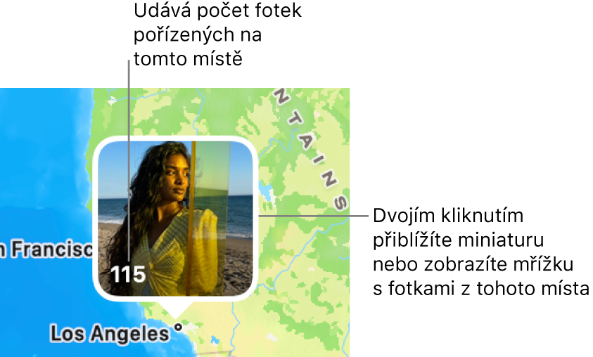 Miniatura fotografie na mapě; v levém dolním rohu je vidět číslo udávající počet fotek pořízených na daném místě