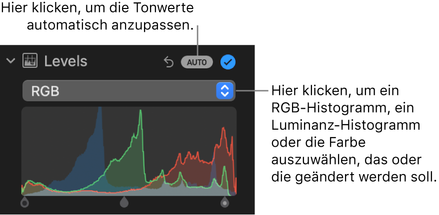 Die Steuerungen „Tonwerte“ im Bereich „Anpassen“ mit der Taste „AUTO“ rechts oben und dem RGB-Histogramm unten.