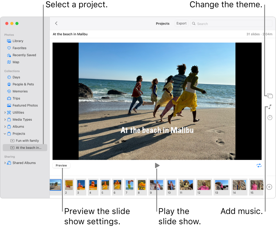 The Photos window showing a slideshow in the main part of the window, with the Preview button, Play button and Loop button under the main slideshow image, thumbnails of all the images in the slideshow at the bottom of the window and at the right, the Theme button, Music button and Duration button.