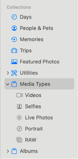 The Photos sidebar showing the different collections in Media Types.