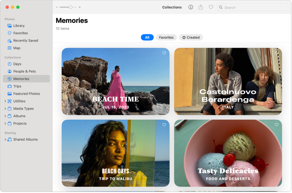 The Photos window showing Memories selected in the sidebar and memories displayed on the right.