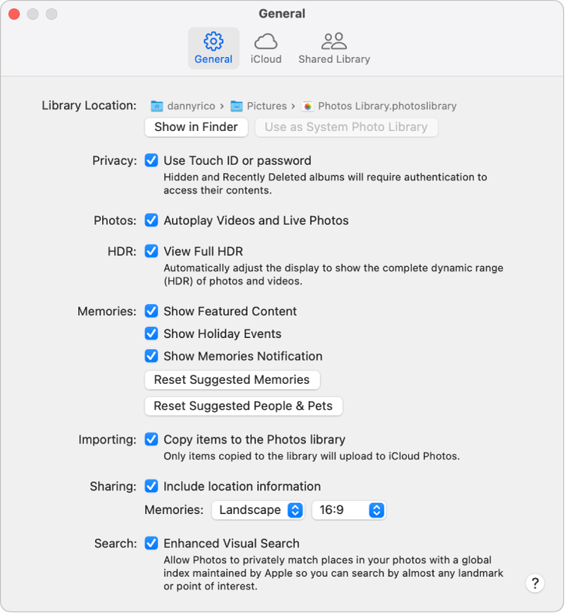 El panel General de los ajustes de Fotos.