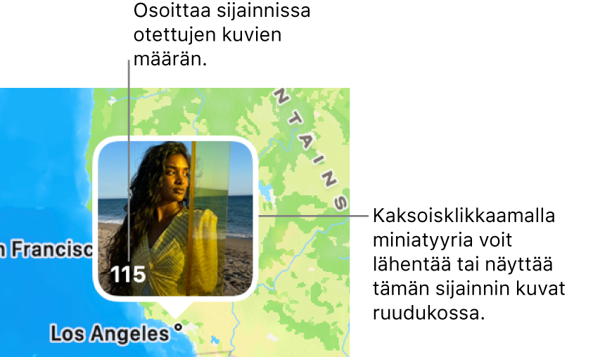 Kuvaminiatyyri kartalla ja numero vasemmassa alakulmassa ilmaisemassa sijainnissa otettujen kuvien määrää.