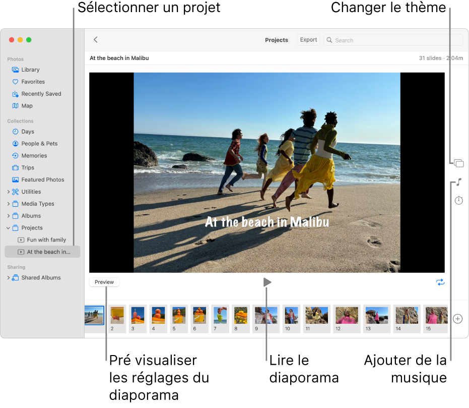 La fenêtre Photos présentant un diaporama dans la partie principale de la fenêtre, avec les boutons Aperçu, Lecture et Boucle sous l’image principale du diaporama;, les vignettes de toutes les images du diaporama en bas de la fenêtre et, sur la droite, les boutons Thème, Musique et Durée.