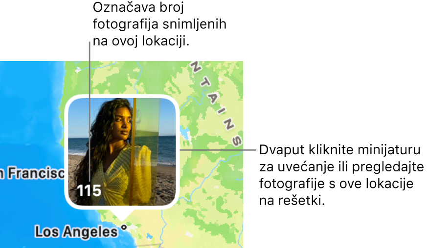 Minijatura fotografije na karti, s brojem u donjem lijevom kutu koji označava broj fotografija snimljenih na toj lokaciji.