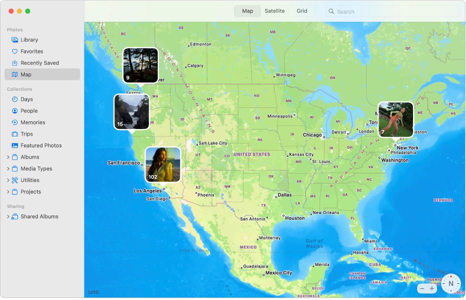 写真のサムネールが場所ごとに分類されて地図上に表示されている「写真」ウインドウ。