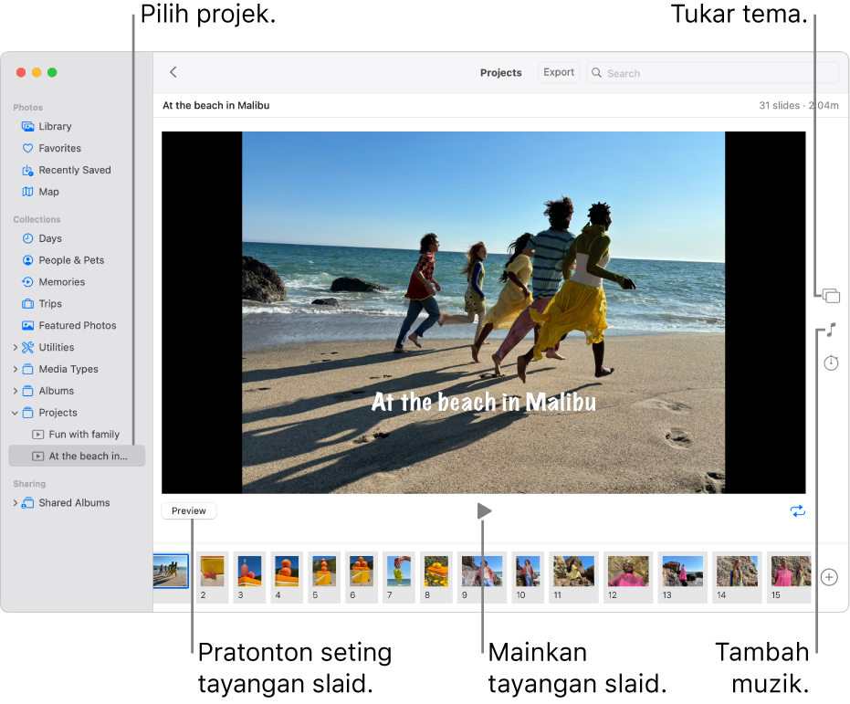 Tetingkap Foto menunjukkan tayangan slaid dalam bahagian utama tetingkap, dengan butang Pratonton, butang Main dan butang Gelung di bawah imej tayangan slaid utama, imej kecil semua imej dalam tayangan slaid di bahagian bawah tetingkap dan di bahagian kanan, butang Tema, butang Muzik dan butang Tempoh.