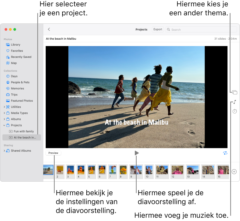 Het Foto's-venster met een diavoorstelling in het hoofdgedeelte van het venster, met de knop 'Voorvertoning', de afspeelknop en de herhalingknop onder de hoofdafbeelding van de diavoorstelling, miniaturen van alle afbeeldingen in de diavoorstelling onder in het venster, en aan de rechterkant de knop 'Thema's', de knop 'Muziek' en de knop 'Duur'.