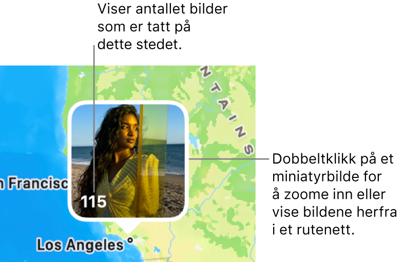 En bildeminiatyr på kartet med et tall nederst til venstre som indikerer antall bilder som er tatt på det stedet.